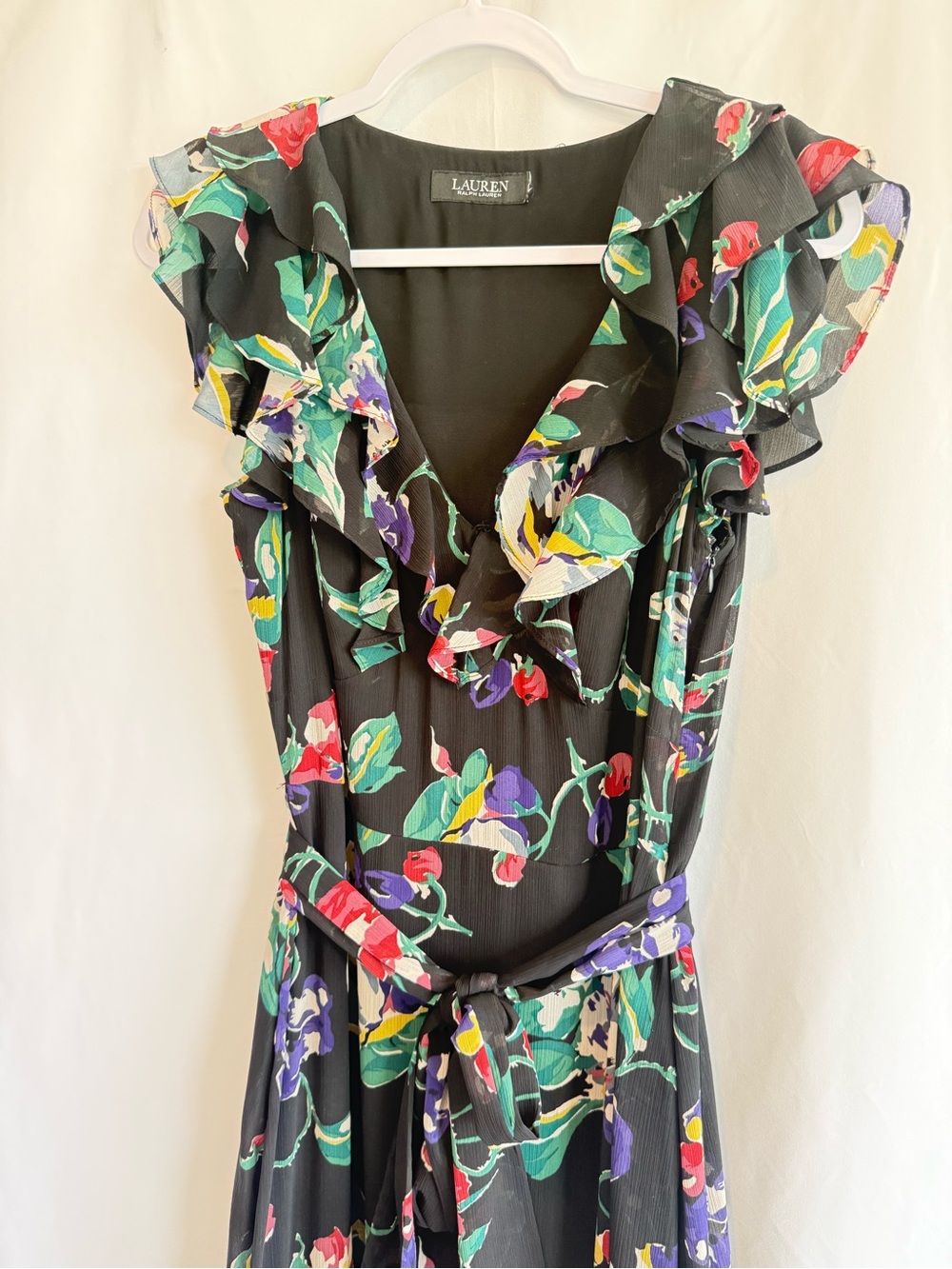 Lauren Ralph Lauren Black Floral Ruffle-Trim Georgette Gown Size 6 - Picture 4 of 14